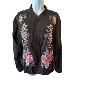 A. Moss size Large embroidered floral Black bomber jacket lyocell EUC